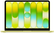 MacBook Neo, aberto, a mostrar um fundo gradiente colorido com riscas verticais em verde, amarelo e azul.