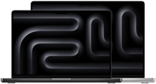 Portáteis MacBook Pro, com o mais pequeno à frente do maior, abertos, com papéis de parede com design geométrico em prateado e preto.