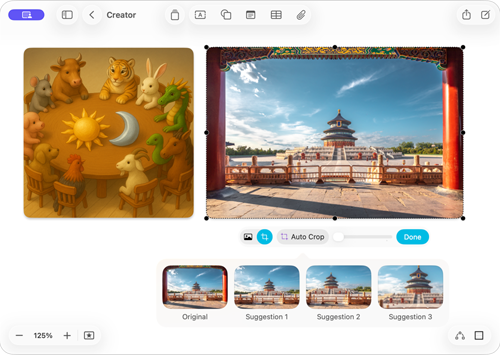 Layar menunjukkan aplikasi Freeform yang menampilkan dua fitur Apple Creator Studio: Pembuatan Gambar dan Auto Crop.
