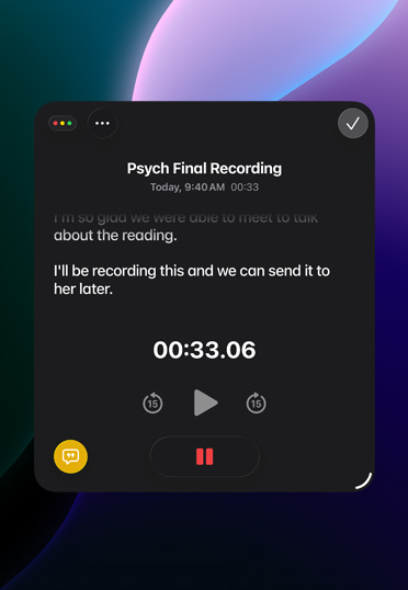 Um ecrã com a app Notas a gravar áudio.