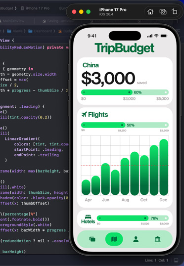 O ecrã mostra uma app a ser programada no Xcode.