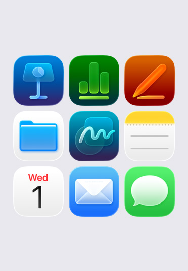Ícones de apps da Apple como Keynote, Numbers, Pages, Ficheiros, Notas e Calendário organizados numa grelha de 3 x 3.