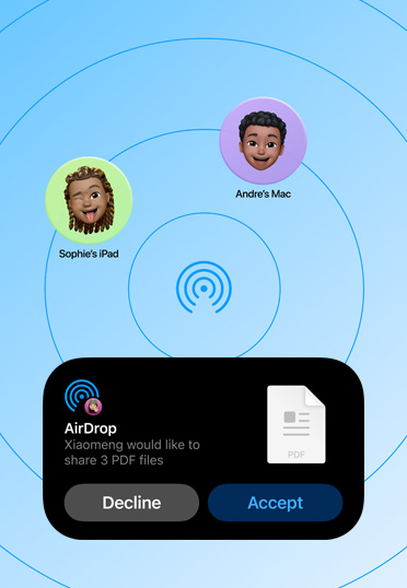 Interface do AirDrop a mostrar um pedido para partilhar três ficheiros PDF, com opções para recusar ou aceitar.