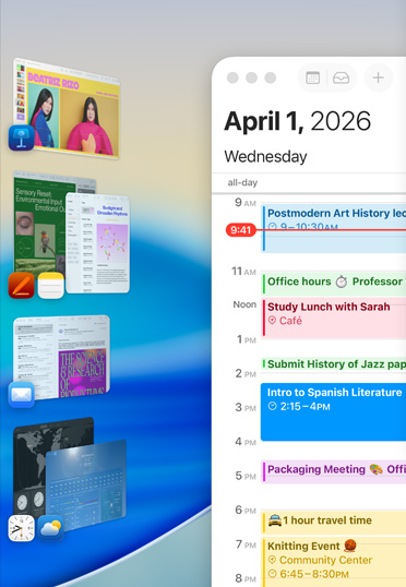 Várias apps Apple, como Keynote, Pages, Notas e Mail, apresentadas em grupo num ecrã.