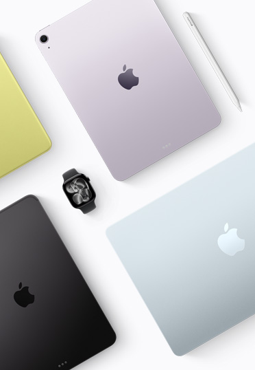 Vista superior de dispositivos Mac e iPad em várias cores, com um Apple Watch preto ao centro.