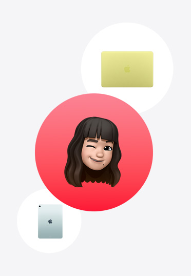 Apple Watch, MacBook, iPad, mengelilingi Memoji dalam lingkaran merah.