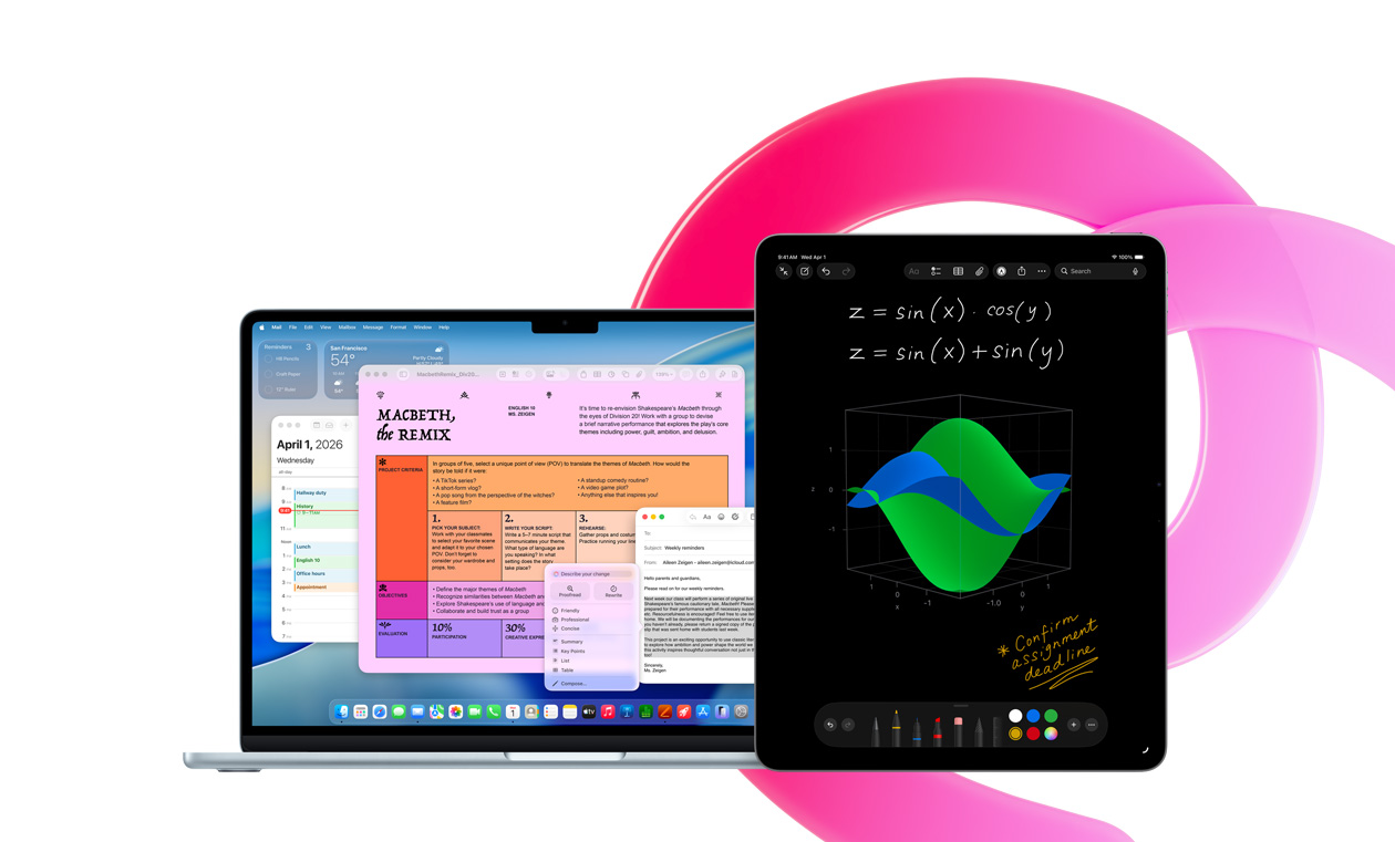 MacBook Air con Pages, Calendario, Alerta y Mail en la pantalla junto a un iPad con ecuaciones escritas a mano en Notas Matemáticas, se muestra la productividad con las apps integradas