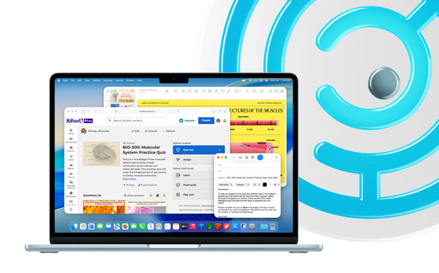 MacBook, azul cielo, laptop abierta muestra contenido educativo en Keynote, Mail y Safari con Kahoot!, incluyendo la tarea “BIO-200: Ejercicio sobre el sistema muscular”
