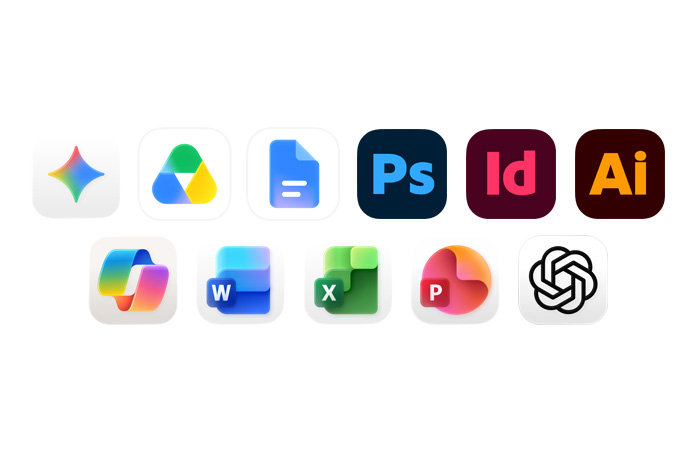 Fila de íconos de Gemini, Google Drive, Google Docs, Adobe Photoshop, Adobe InDesign, Adobe Illustrator, Microsoft Copilot, Microsoft Word, Microsoft Excel, Microsoft PowerPoint y ChatGPT