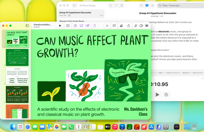 Pantalla de un Mac que muestra una presentación de Keynote sobre la relación entre la música y el crecimiento de las plantas, junto a una transcripción de Notas de Voz para demostrar la versatilidad