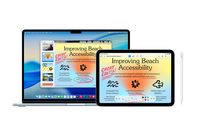 Un Mac y un iPad muestran la misma presentación con anotaciones hechas con el Apple Pencil en rojo para demostrar la continuidad entre dispositivos, con una vista frontal del Apple Pencil