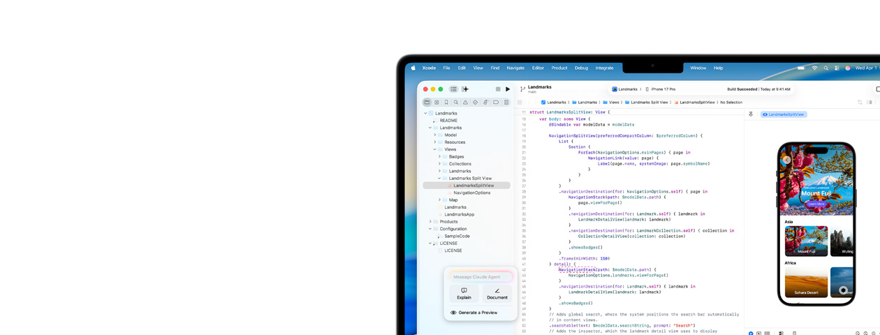 Xcode ejecutándose en un Mac, con el asistente de programación con IA Claude Agent y una vista previa de una app en un iPhone