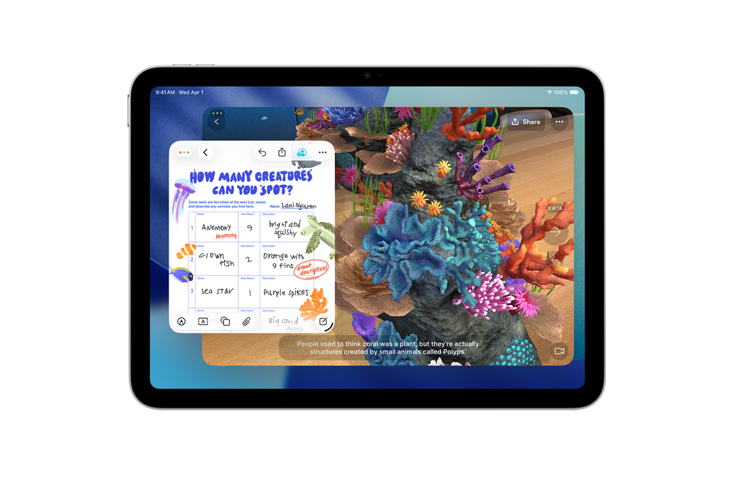 iPad, muestra una búsqueda del tesoro con gráficos de un acuario en Freeform y JigSpace para destacar las capacidades creativas