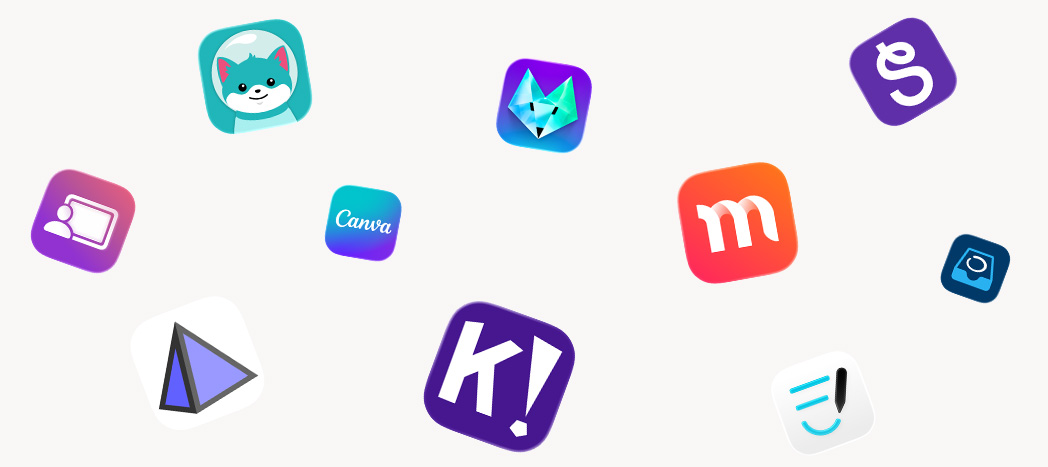 Varios íconos de apps para la educación escolar, Jamf Teacher, GeoGebra, Kaligo, Canva, Kahoot!, Foxar, Magma Math, Goodnotes, Seesaw, and Showbie