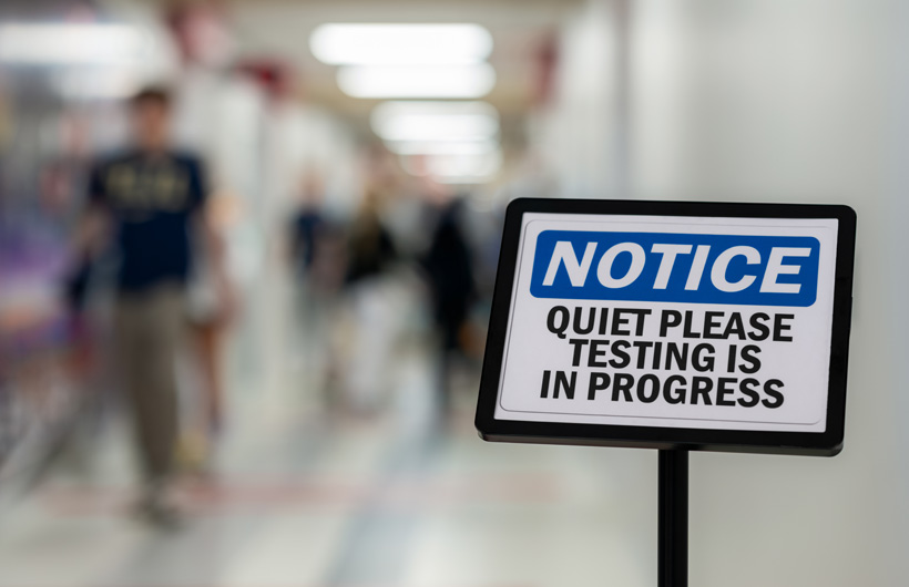 A sign reads "Notice. Quiet please testing is in progress," in a school hallway with people walking in the background.