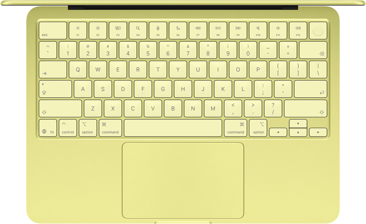 MacBook Neo, top view, keyboard, full-size function key row, Touch ID button, trackpad, citrus color