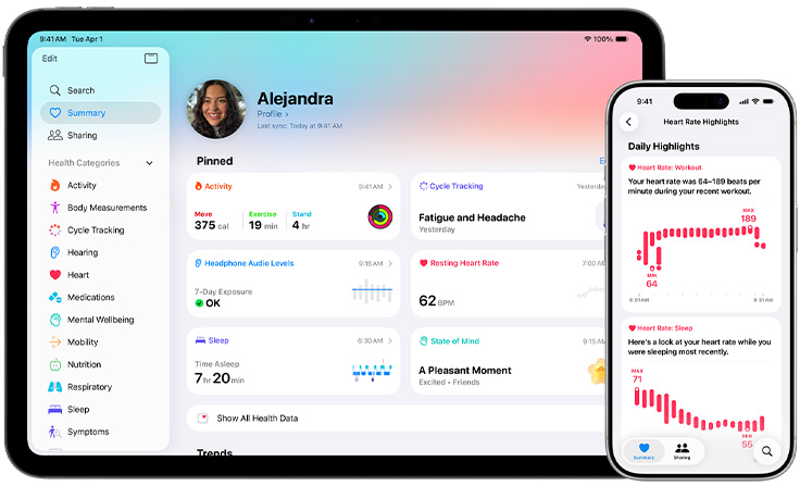 App Salud en un iPad y un iPhone, resumen de salud y favoritos fijados en el iPad, datos importantes de frecuencia cardiaca condensados en el iPhone