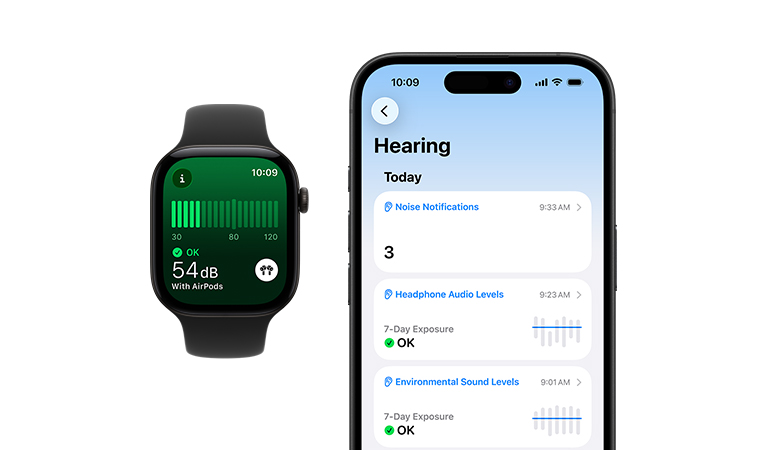 Apple Watch Series 11, caja de aluminio, color plata, app Ruido, correa deportiva en color amarillo neón, resumen diario de audición completo abierto en un iPhone enlazado