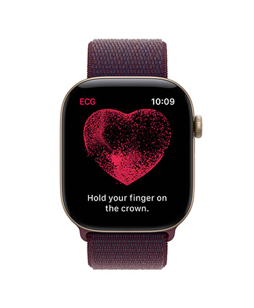 Apple Watch Series 12, aluminium case, light gold colour, ECG app, instructions on screen to hold finger on Digital Crown to begin ECG reading, red heart in the middle of screen, Sport Loop band, burgundy colour