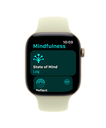 Apple Watch Series 11, caja de aluminio, color oro rosa, app Mindfulness abierta, lateral derecho: Digital Crown, correa deportiva en color rosa rubor