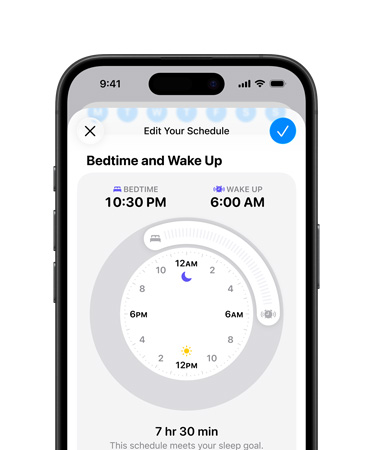 iPhone, horario de sueño abierto en la app Salud, hora de acostarse programada para las 22:30, hora de despertarse programada para las 6:00, esfera horaria radial en el centro de la pantalla, objetivo de sueño de 7 horas y 30 minutos cumplido