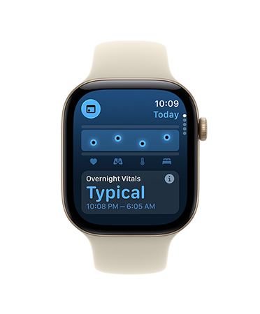 Apple Watch Series 11, caja de aluminio, color oro rosa, app Constantes Vitales, resumen de salud, notificación de constantes vitales nocturnas normales, lateral derecho: Digital Crown, correa deportiva en color rosa rubor