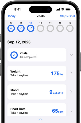 iPhone affichant l’app Corrie Health.
