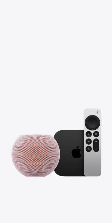 HomePod mini 2, pinkki väri, Apple TV 4K ja Siri Remote ‑kaukosäädin