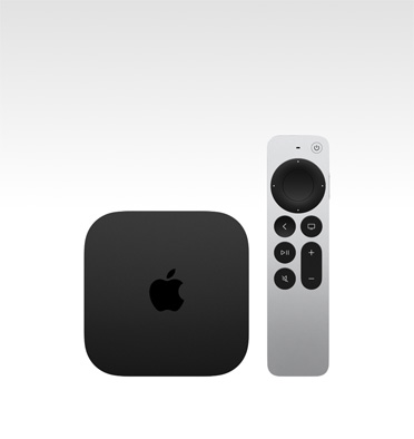 Apple TV 4K, musta väri, ylhäältä kuvattuna, kuvassa myös Siri Remote ‑kaukosäädin, hopeanvärinen