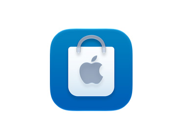 Apple Store app icon, blue colour, with a white Apple logo on a shopping bag