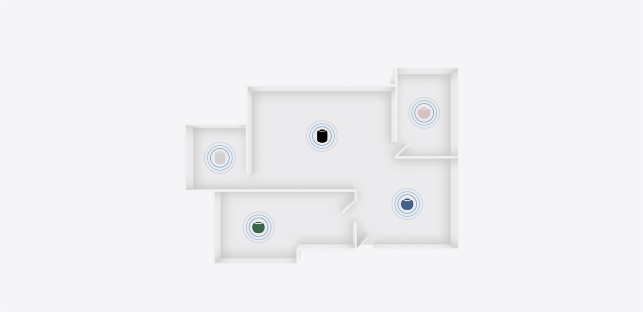 HomePod and HomePod mini 2 speakers in multiple colours placed in different rooms of a home floor plan