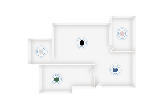 HomePod mini 2 speakers in multiple colours placed in different rooms of a home floor plan