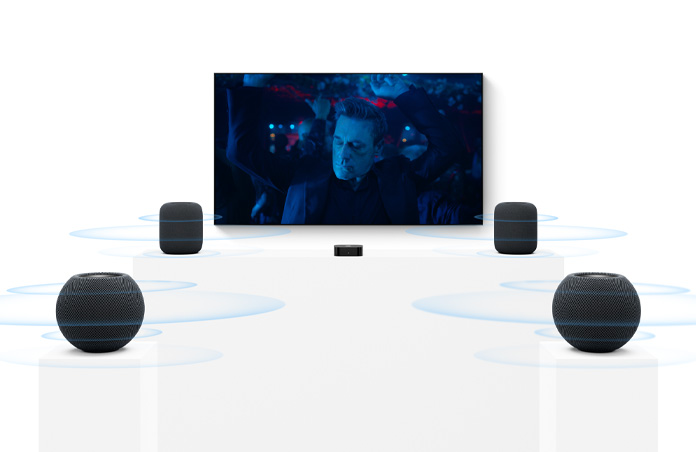 Apple TV 4K, TV ekranı, solda ve sağda iki adet gece yarısı rengi HomePod hoparlör, ön planda iki adet gece yarısı rengi HomePod mini 2 hoparlör, her hoparlörden eşmerkezli ses dalgaları yayılıyor