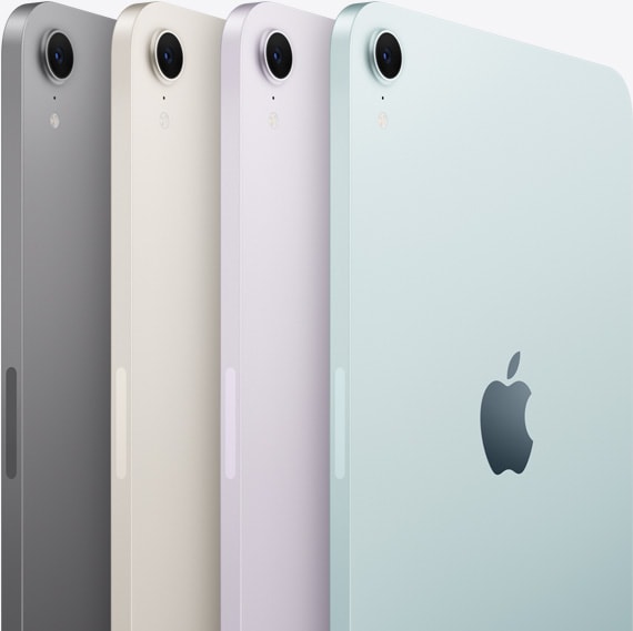 Die Rückansicht und die Kamera von vier iPad mini Modellen sind in den verfügbaren Farben Space Grau, Polarstern, Violett und Blau dargestellt.