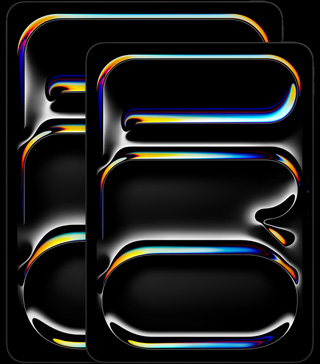 iPad Pro 13 pouces, iPad Pro 11 pouces, orientation portrait, face avant, noir sidéral, bords arrondis, cadre d’écran noir, écrans affichant le mot « PRO » à la verticale et en courbes abstraites multicolores