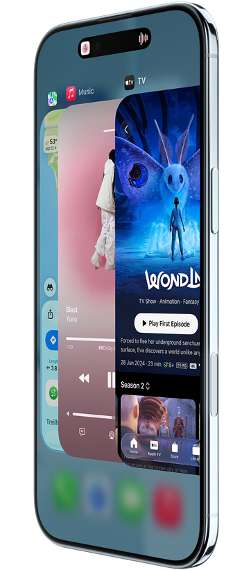 iPhone Air, front exterior, side exterior, with Maps, Music, and Apple TV apps, showcasing the App Switcher feature in use