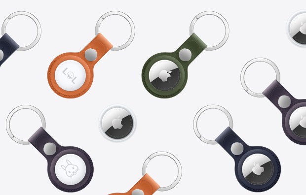 AirTag and AirTag FineWoven Key Ring: available in a selection of colors, the key ring accessory covers the outer edge and displays the front with Apple logo or the back with custom engraving