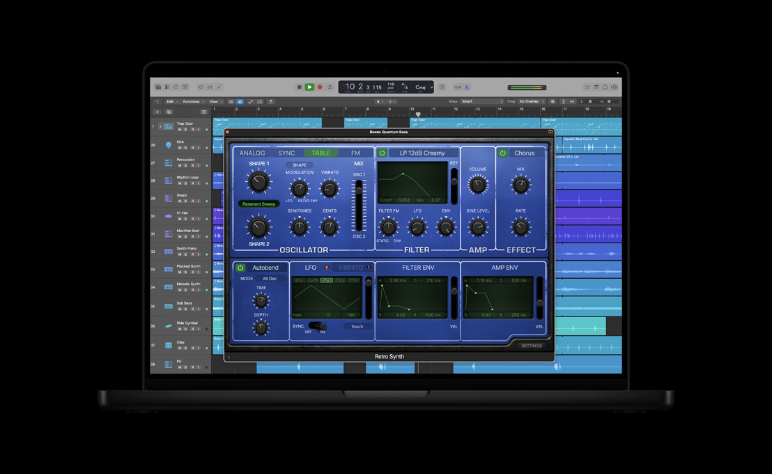 MacBook Pro 16 screen showing Retro Synth, Boom: Quantum Bass window, dials and controls