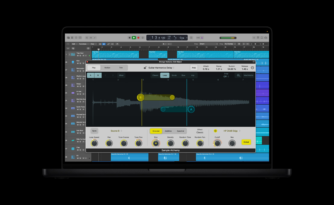 MacBook Pro 16, Logic Pro Sample Alchemy window, vocal display
