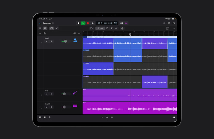 iPad Pro 13, workspace showing different color rows of audio takes