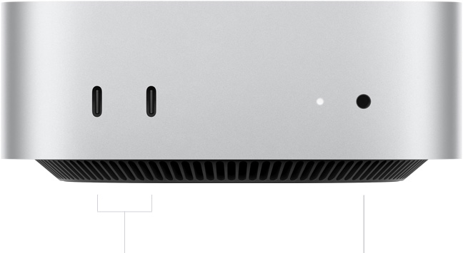 Mac mini, отпред, два Thunderbolt порта, светлинен индикатор за състояние и жак за слушалки, конусовидна черна основа отдолу, плосък отгоре, заоблени страни, прави ръбове, цвят сребърно