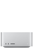 Mac Studio, отпред, два USB‑C порта, слот за SDXC карта, светлинен индикатор за състояние, конусовидна основа отдолу, плосък отгоре, заоблени страни, прави ръбове, цвят сребърно
