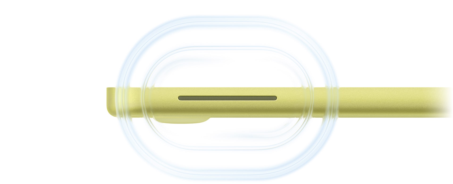 MacBook Neo, citrus color, open, sound waves rippling from speaker on right side of computer toward front