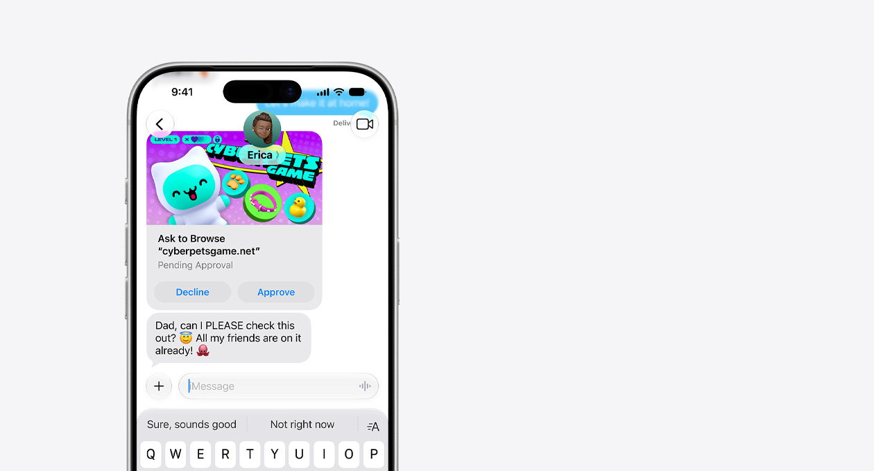 iPhone 17 Pro, color argento, mostrato di fronte, i due terzi superiori dello schermo mostrano un messaggio di testo con uno screenshot della pagina cyberpetsgame.net, i pulsanti Rifiuta e Approva sotto l’immagine, il testo del messaggio, Papà, posso dare un’occhiata? Tutti i miei amici ci giocano già