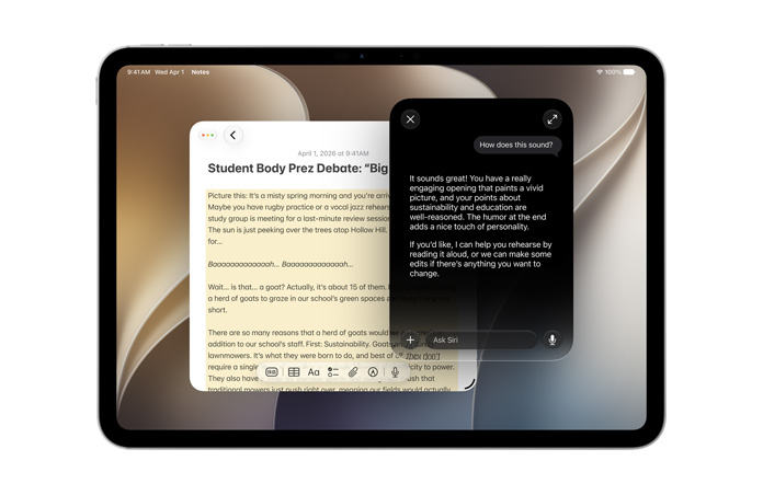 En 11-tommers iPad Pro i sølv vises forfra. På skjermen vises Notater-appen med tekst og en forespørsel til Siri AI om å skape nytt innhold