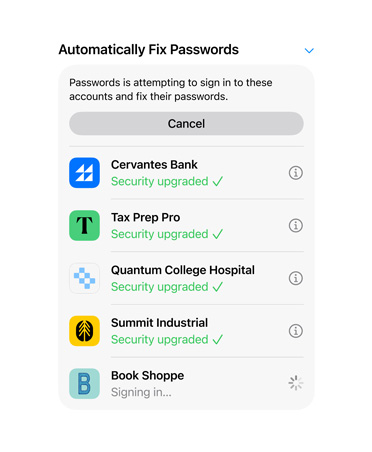 Schermata della funzione per correggere le password con cinque password e alcuni esempi di stato, tra cui Sicurezza aggiornata e Accedo…
