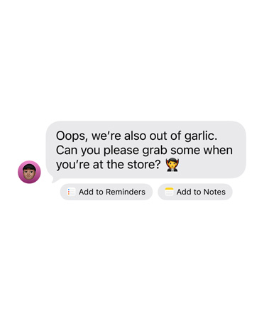 Un iMessage ricevuto con sotto i tasti di due azioni suggerite: Aggiungi a Promemoria e Aggiungi a Note