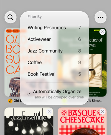 Il browser Safari su iPhone che mostra il menu Filtro con categorie come Risorse di scrittura, Abbigliamento sportivo, Jazz Community, Caffè e Book Festival, con l’opzione Organizza automaticamente selezionata