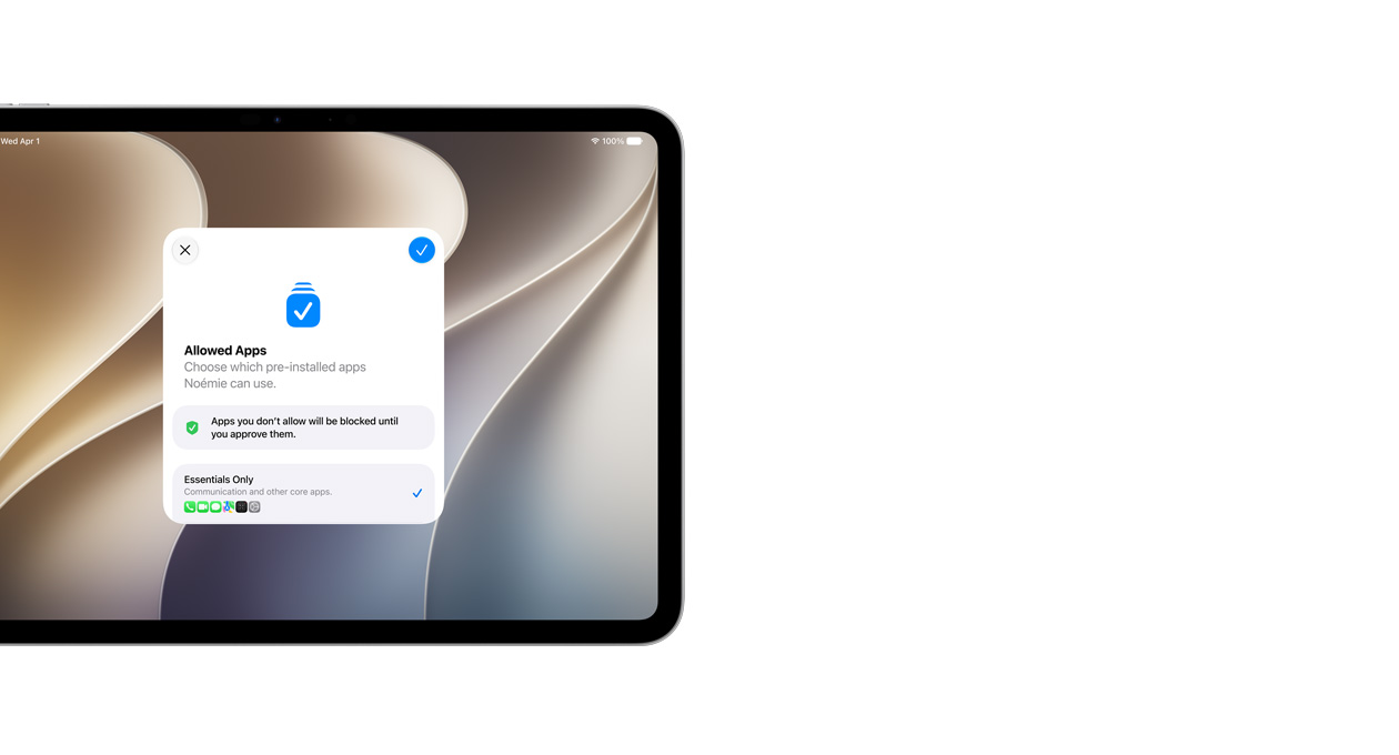 iPad Pro 11 pollici, color argento, il display mostra l’app Impostazione Assistita con una selezione di app che i genitori possono scegliere per i figli