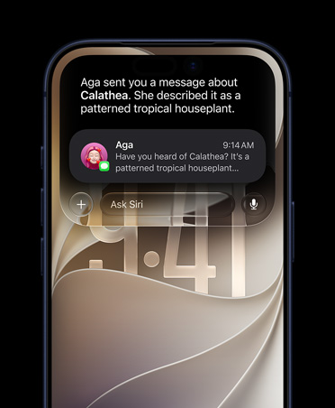 iPhone 17 Pro, Tiefblau, Vorderseite, das Display zeigt eine Siri AI Anfrage zu einer Zimmerpflanze, die in einer Unterhaltung in Nachrichten erwähnt wurde